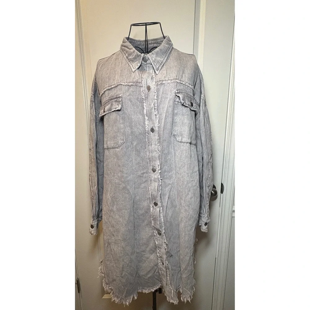 POL Womens Longline Denim Dress/Shacket Distressed Frayed Hem - Large - Picture 3 of 8